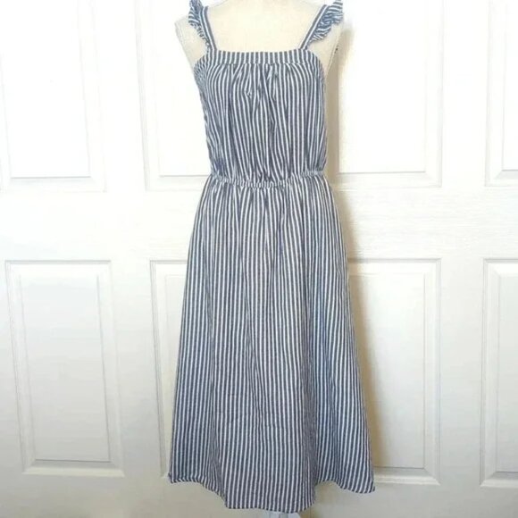 Old Navy Blue Chambray Linen Stripe Smocked Ruffle Strap Sleeveless Midi Dress - Picture 3 of 5